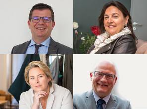 Bart Tommelein, Energieminister der Flämischen Region; Marie Christine Marghem, Föderalministerin für Energie; Cécile Frémault, Energieministerin der Region Brüssel-Hauptstadt; Jean-Luc Crucke, Energieminister der Wallonischen Region